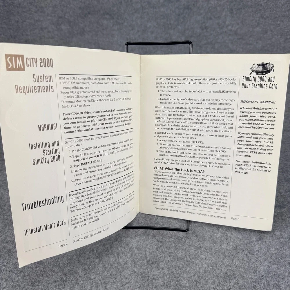 SimCity 2000 DOS Addendum Quick Start Guide Manual Reference Charts 1994 EA